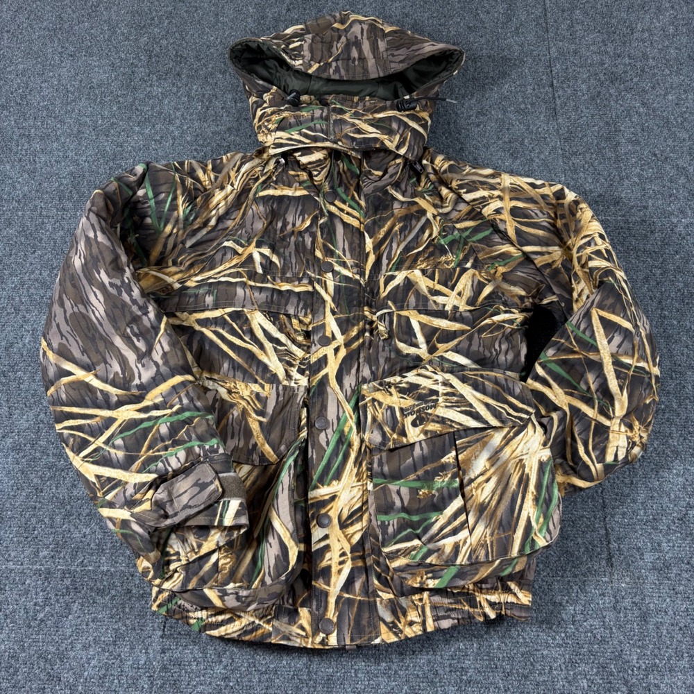 Cabelas Mossy Oak Shadow Grass Camo Hunting Jacket Mens XS Hooded Gorpcore Vtg
